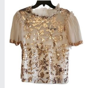 Marc New York Cream Gold Sequin Embellished Sheer Whimsical Fairy Blouse